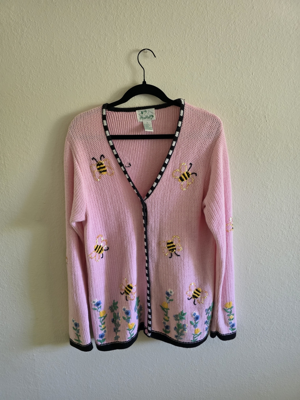 Quacker Factory Vintage Pink Bee Embroidered Cardigan with Floral Border
